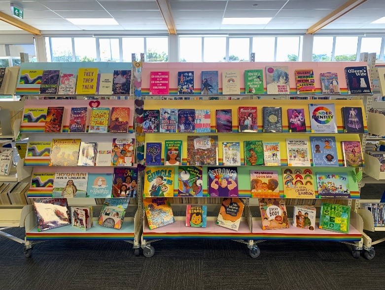 Image of colourful bookshelves in a library