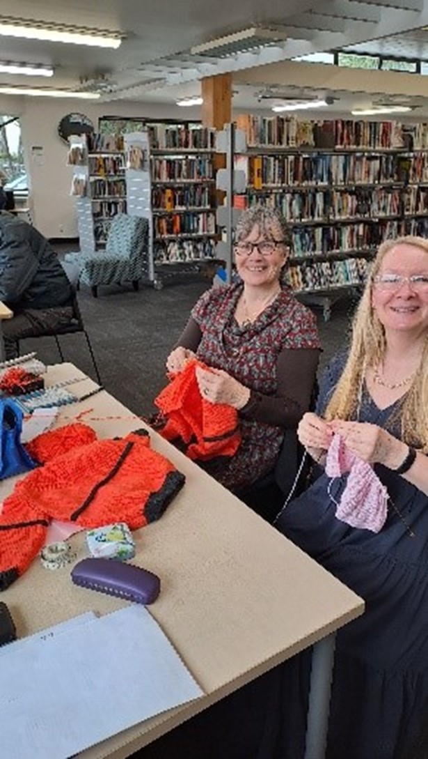 Image of two people knitting at a table in a library