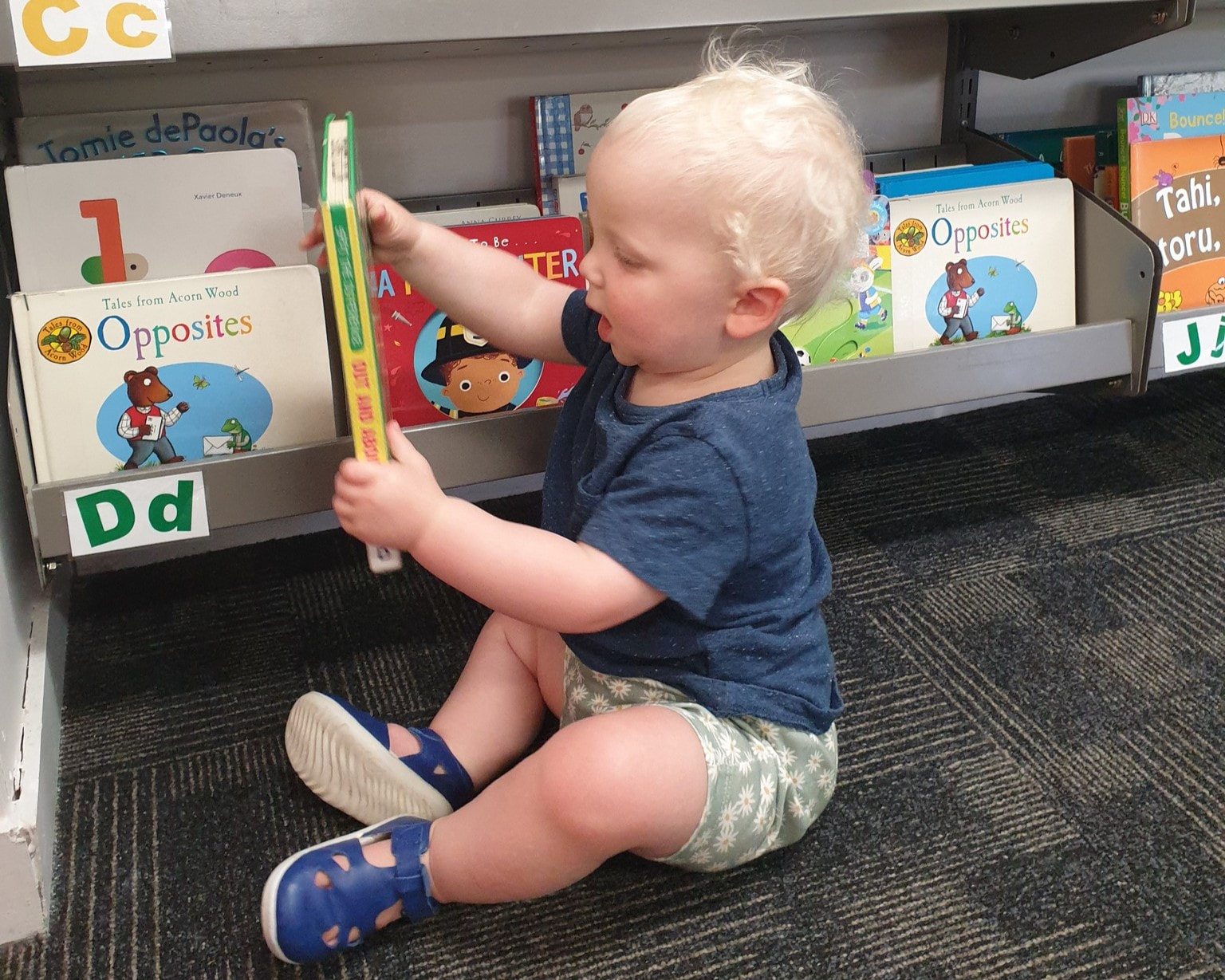 Toddler looking at baby books in the library.