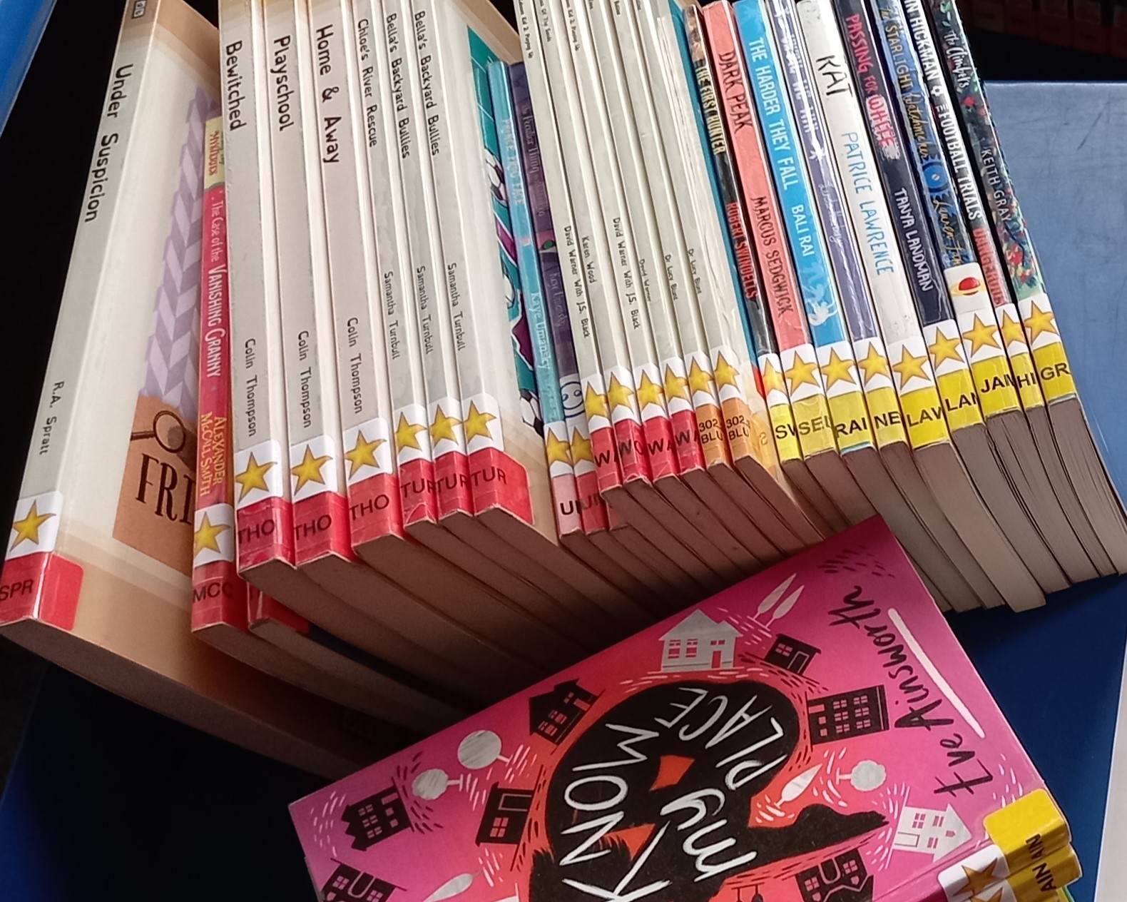 Image shows about 20 books for children and teens. They have a star sticker on the spine and they are all part of Hutt City Libraries STAR (dyslexia friendly) collections.