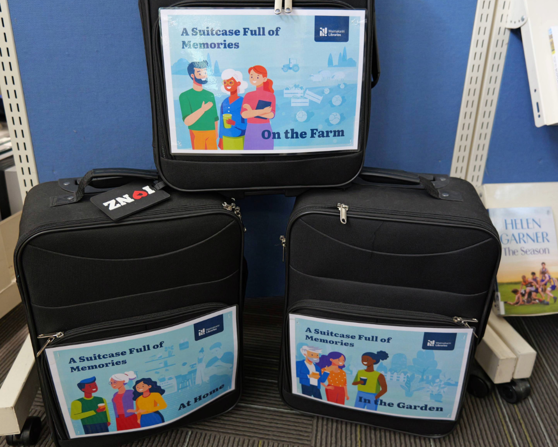 Image showing three 'Suitcase full of memories' packs available at Waimakariri Libraries as part of their dementia friendly offerings.